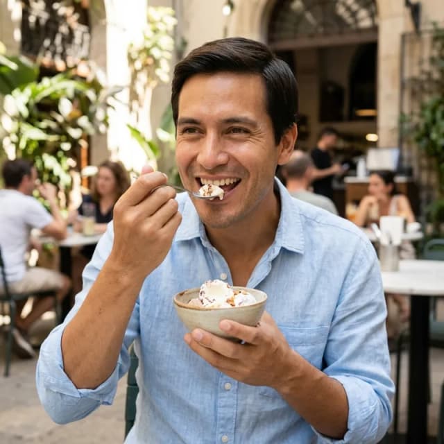 Hombre sonriendo al comer postre frío con tranquilidad