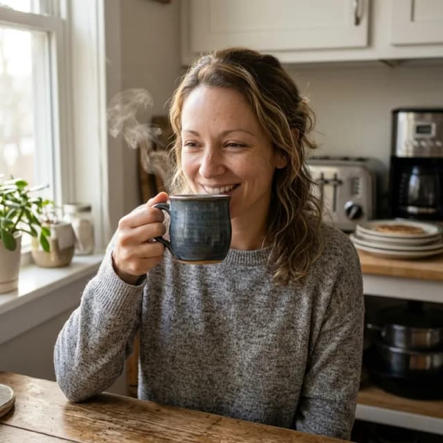 Mujer disfrutando café caliente sin sensibilidad dental