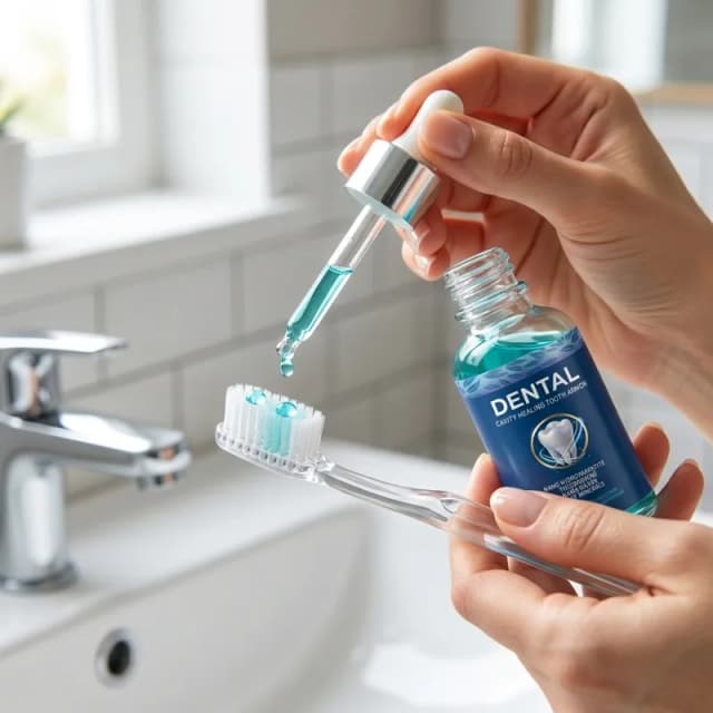 Aplicación del producto sobre el cepillo de dientes en rutina diaria