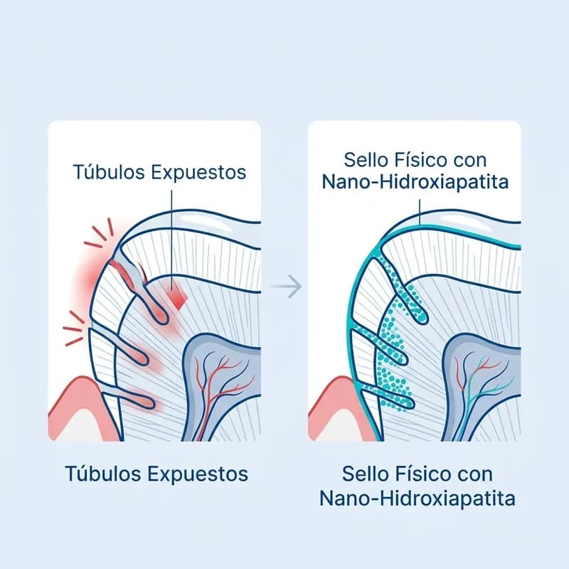 Esquema científico del sellado de túbulos dentales con nano-hidroxiapatita